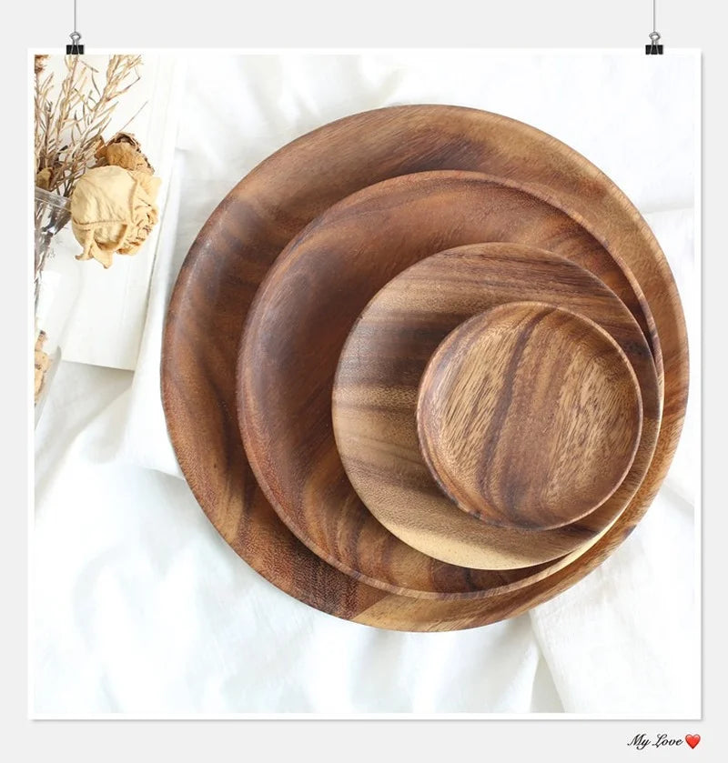 Round Solid Wood Plate Whole Acacia Wood Fruit Dishes Wooden Saucer Tea Tray Dessert Dinner Breakfast Plate Tableware Set