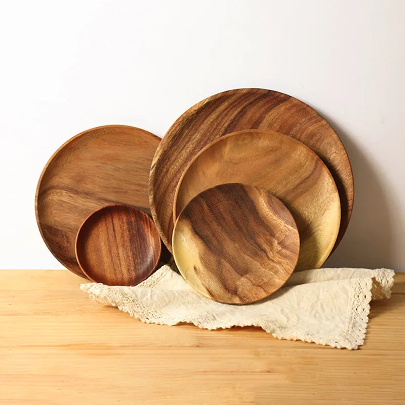 Round Solid Wood Plate Whole Acacia Wood Fruit Dishes Wooden Saucer Tea Tray Dessert Dinner Breakfast Plate Tableware Set