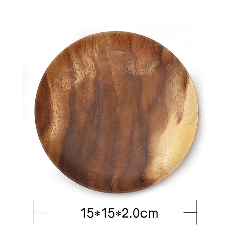 Round Solid Wood Plate Whole Acacia Wood Fruit Dishes Wooden Saucer Tea Tray Dessert Dinner Breakfast Plate Tableware Set