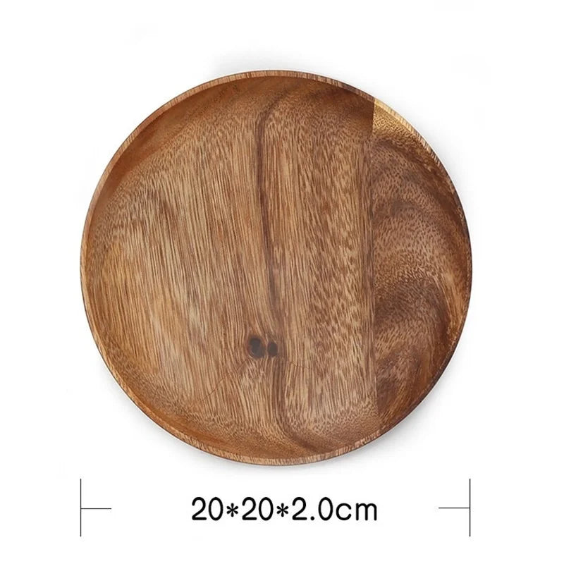 Round Solid Wood Plate Whole Acacia Wood Fruit Dishes Wooden Saucer Tea Tray Dessert Dinner Breakfast Plate Tableware Set