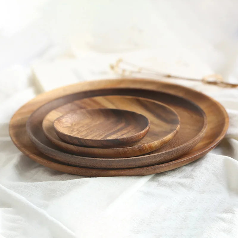 Round Solid Wood Plate Whole Acacia Wood Fruit Dishes Wooden Saucer Tea Tray Dessert Dinner Breakfast Plate Tableware Set