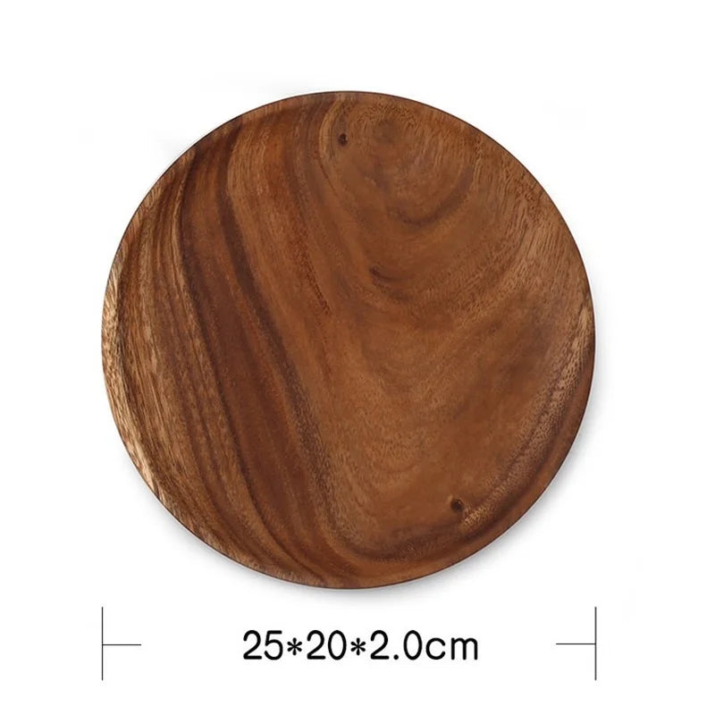 Round Solid Wood Plate Whole Acacia Wood Fruit Dishes Wooden Saucer Tea Tray Dessert Dinner Breakfast Plate Tableware Set